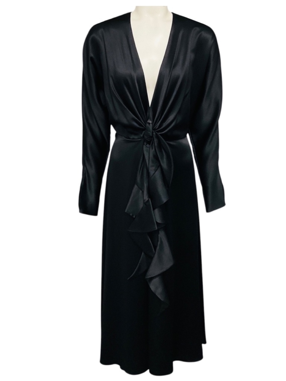 ALEJANDRA ALONSO ROJAS BLACK RUFFLED LONG SLEEVED SILK MIDI COCKTAIL DRESS